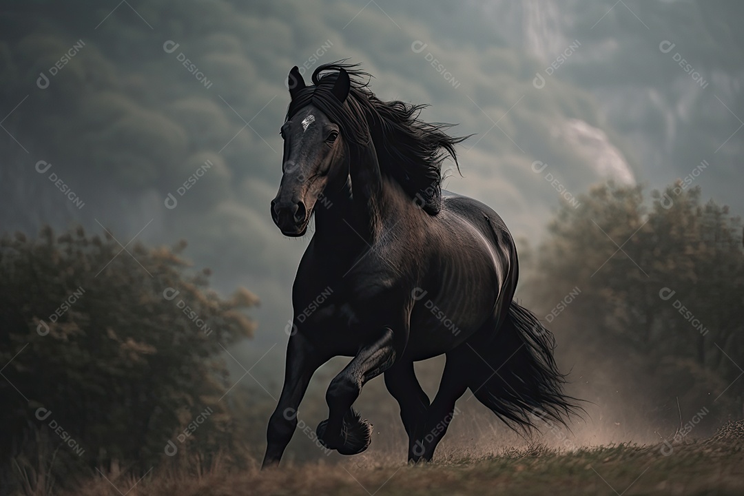 Um majestoso cavalo preto galopa por um campo