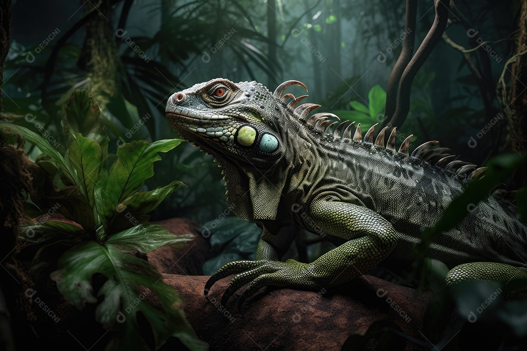 Uma majestosa iguana emerge das sombras de uma exuberante