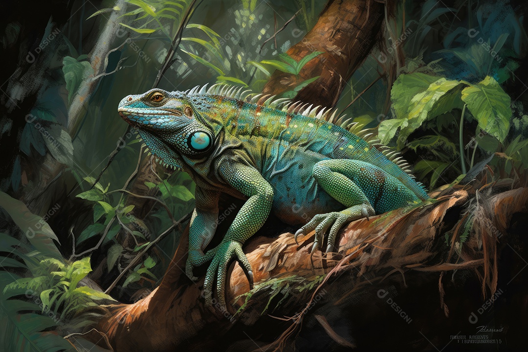 Uma majestosa iguana emerge das sombras de uma exuberante