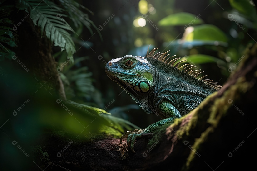 Uma majestosa iguana emerge das sombras de uma exuberante