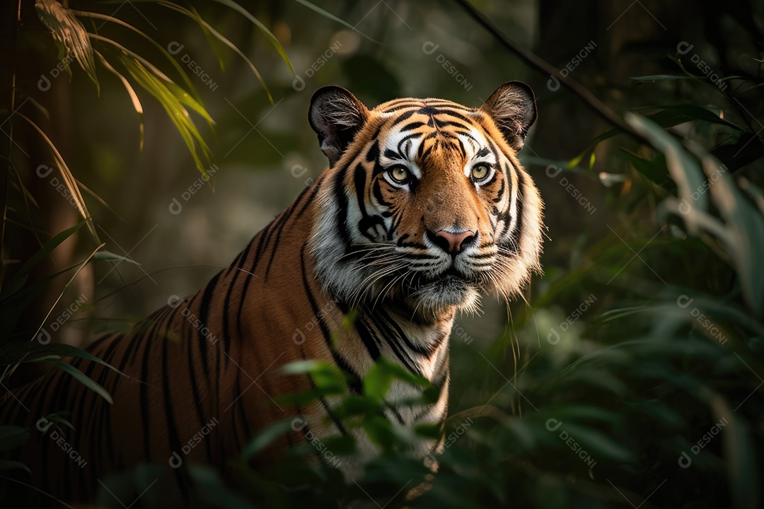 Um majestoso tigre em meio à exuberante selva dourada