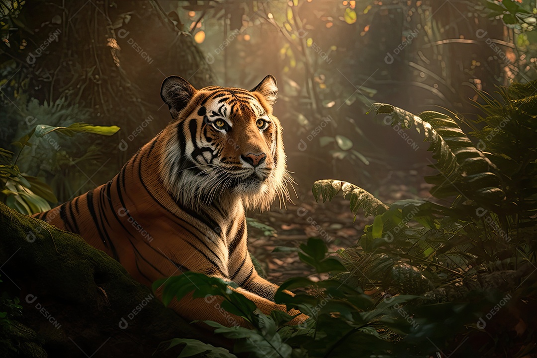 Um majestoso tigre em meio à exuberante selva dourada