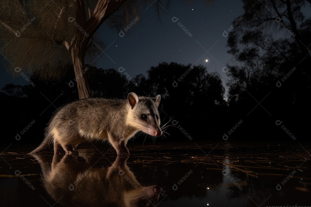 Um gambá noturno com olhos brilhantes e pêlo detalhado