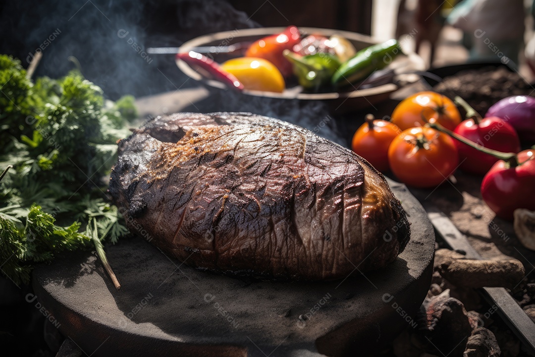 Carne deliciosa grelhada sobre uma mesa de madeira