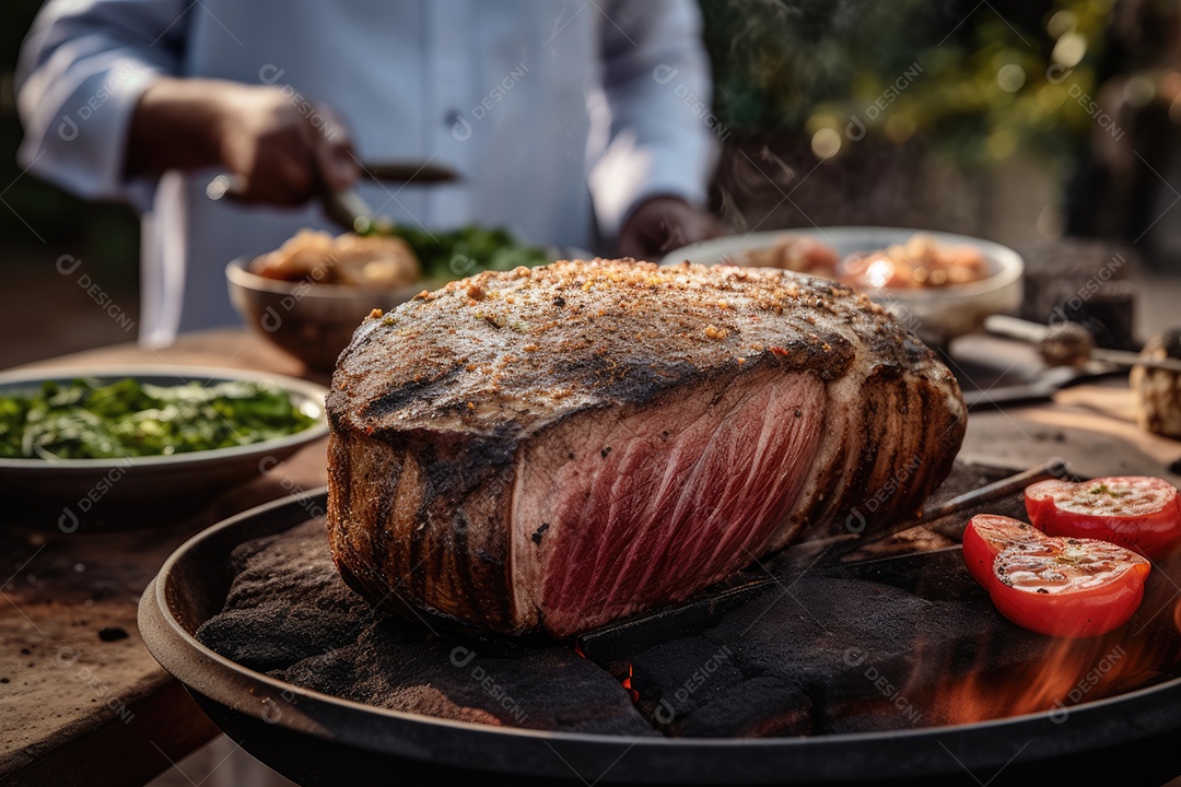 Carne deliciosa grelhada sobre uma mesa de madeira