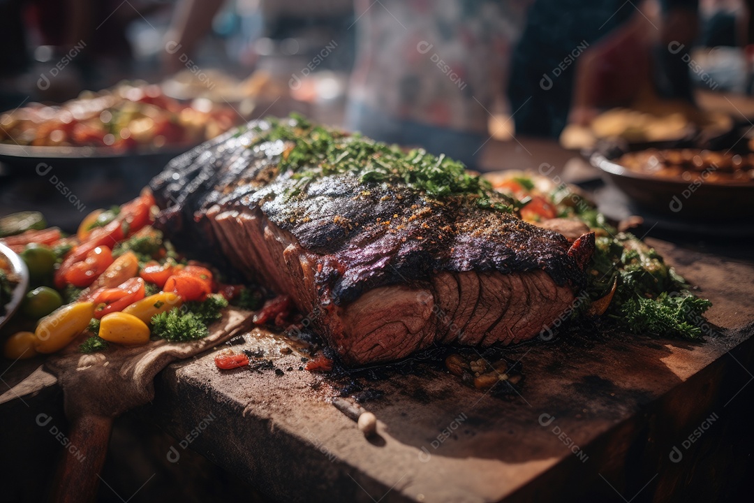 Carne deliciosa grelhada sobre uma mesa de madeira