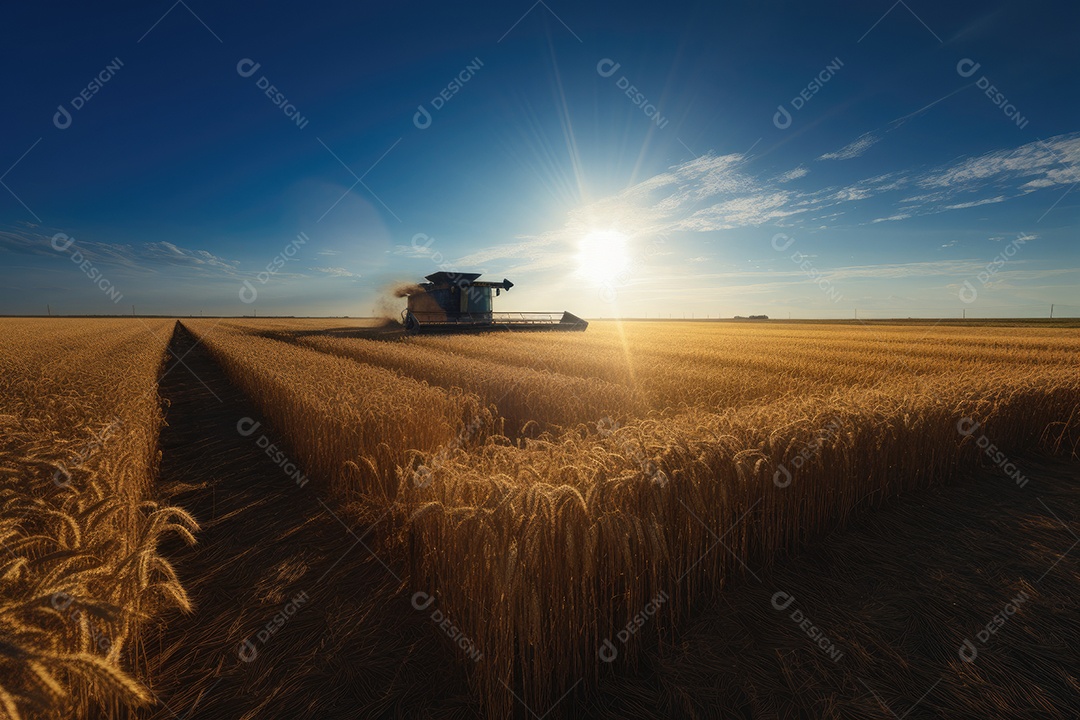 Um vasto campo de trigo se estende sob o céu azul