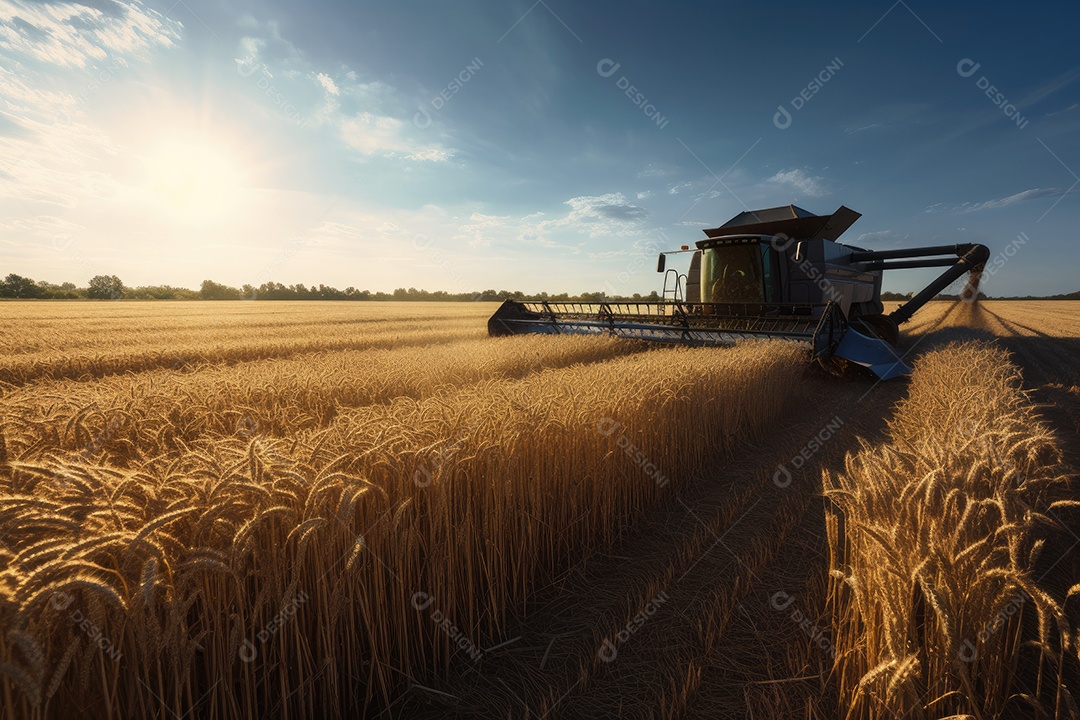Um vasto campo de trigo se estende sob o céu azul