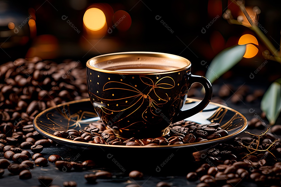 Xícara de café, dia internacional do café com grãos de café