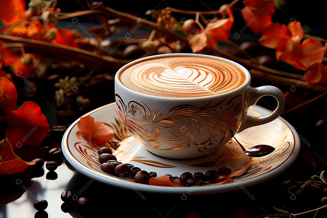 Xícara de café, dia internacional do café com grãos de café