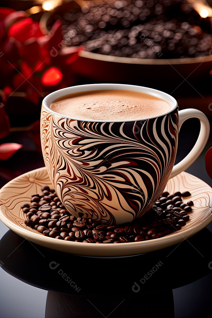 Xícara de café, dia internacional do café com grãos de café