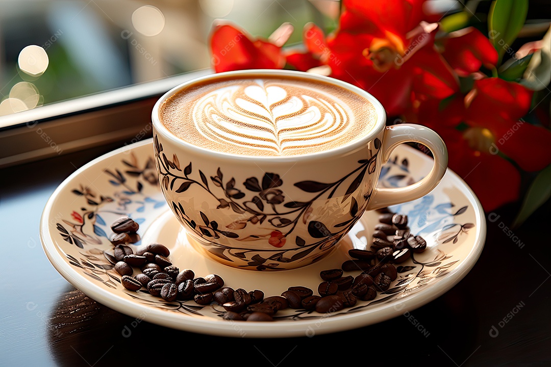 Xícara de café, dia internacional do café com grãos de café