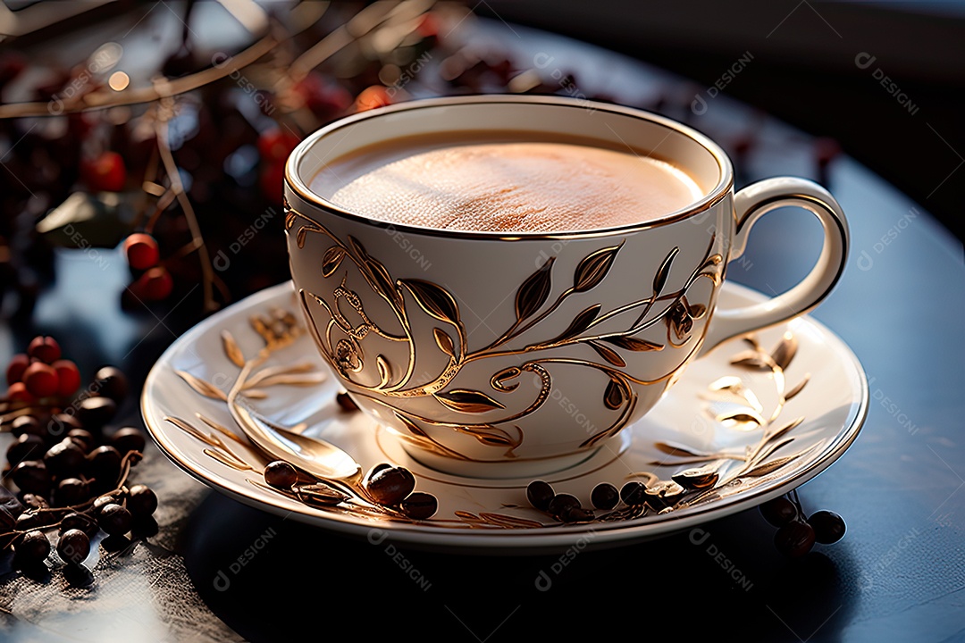 Xícara de café, dia internacional do café com grãos de café