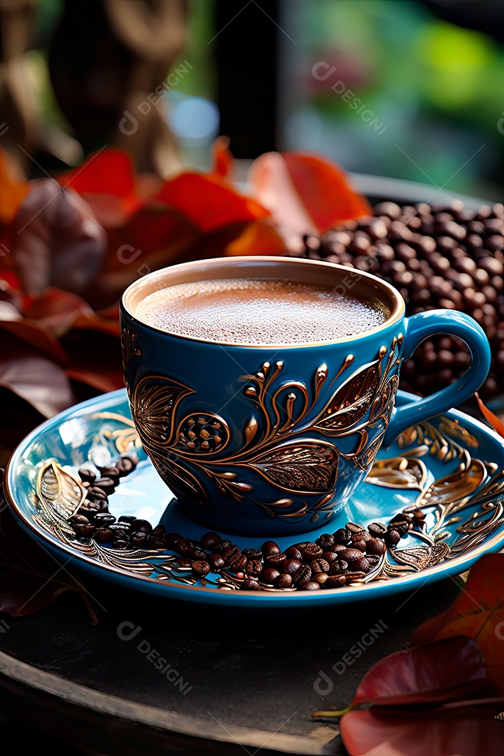 Xícara de café, dia internacional do café com grãos de café