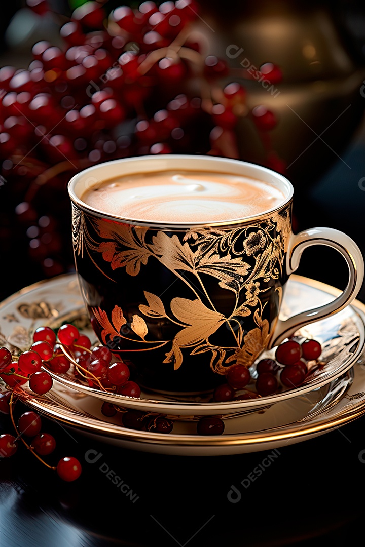 Foto de uma xícara de café, dia internacional do café com grãos de café