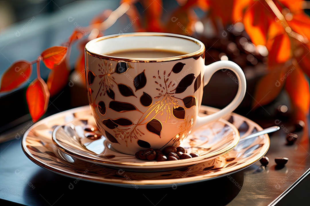 Foto de uma xícara de café, dia internacional do café com grãos de café