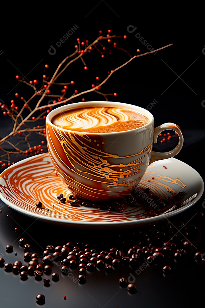 Foto de uma xícara de café, dia internacional do café com grãos de café