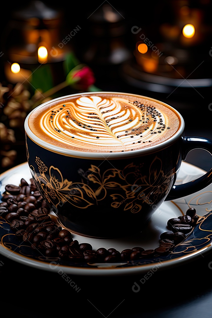 Foto de uma xícara de café, dia internacional do café com grãos de café