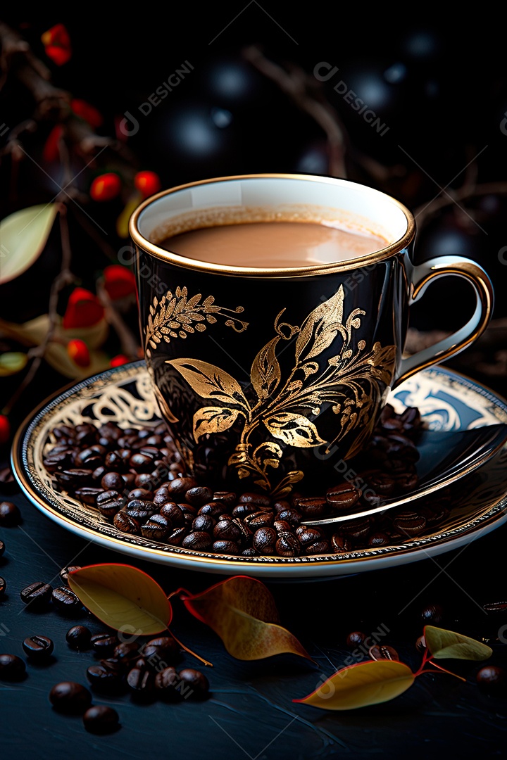 Foto de uma xícara de café, dia internacional do café com grãos de café