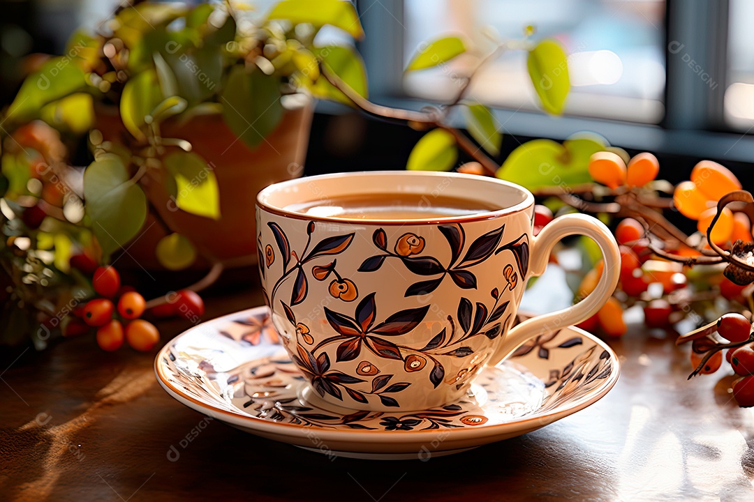 Foto de uma xícara de café, dia internacional do café com grãos de café