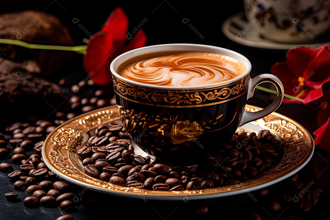 Foto de uma xícara de café, dia internacional do café com grãos de café