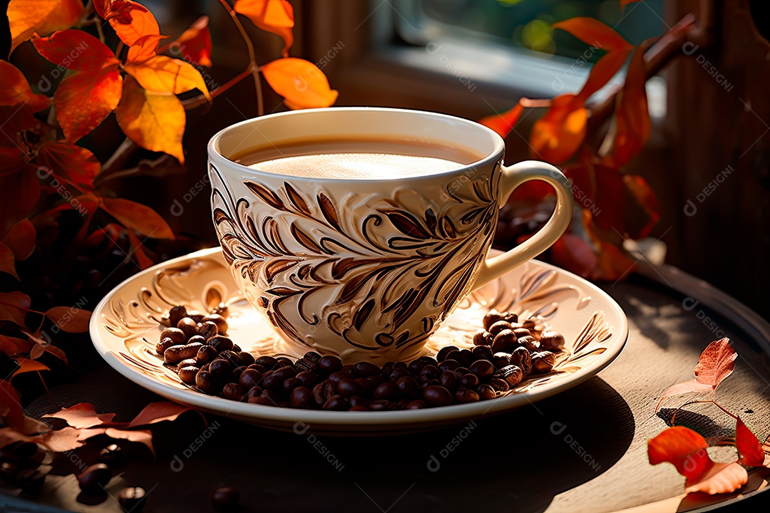 Foto de uma xícara de café, dia internacional do café com grãos de café