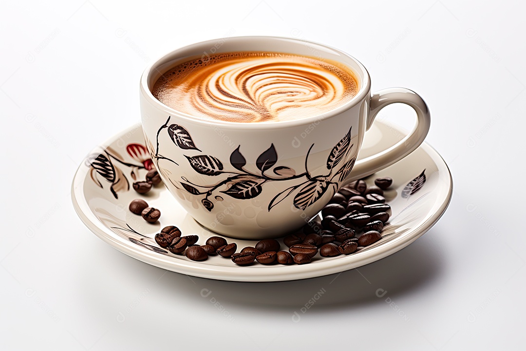 Foto de uma xícara de café, dia internacional do café com grãos de café