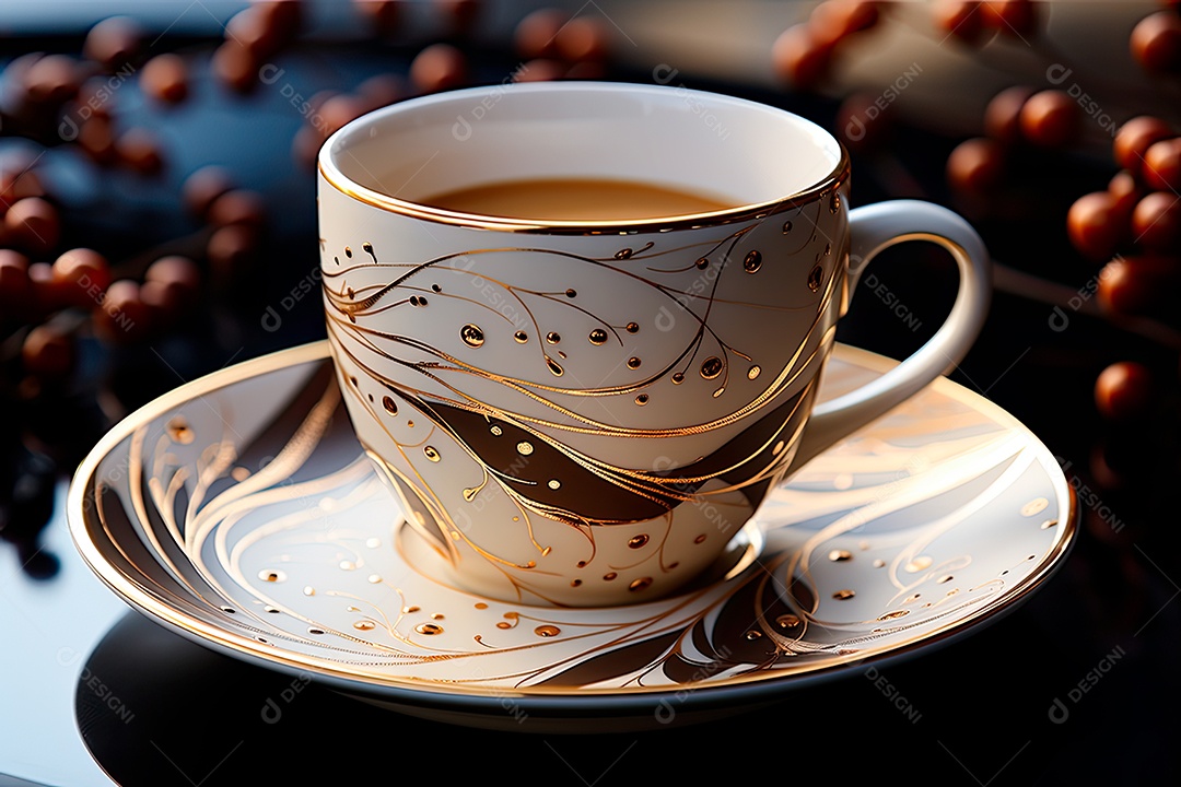 Foto de uma xícara de café, dia internacional do café com grãos de café