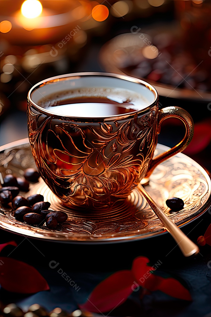 Foto de uma xícara de café, dia internacional do café com grãos de café