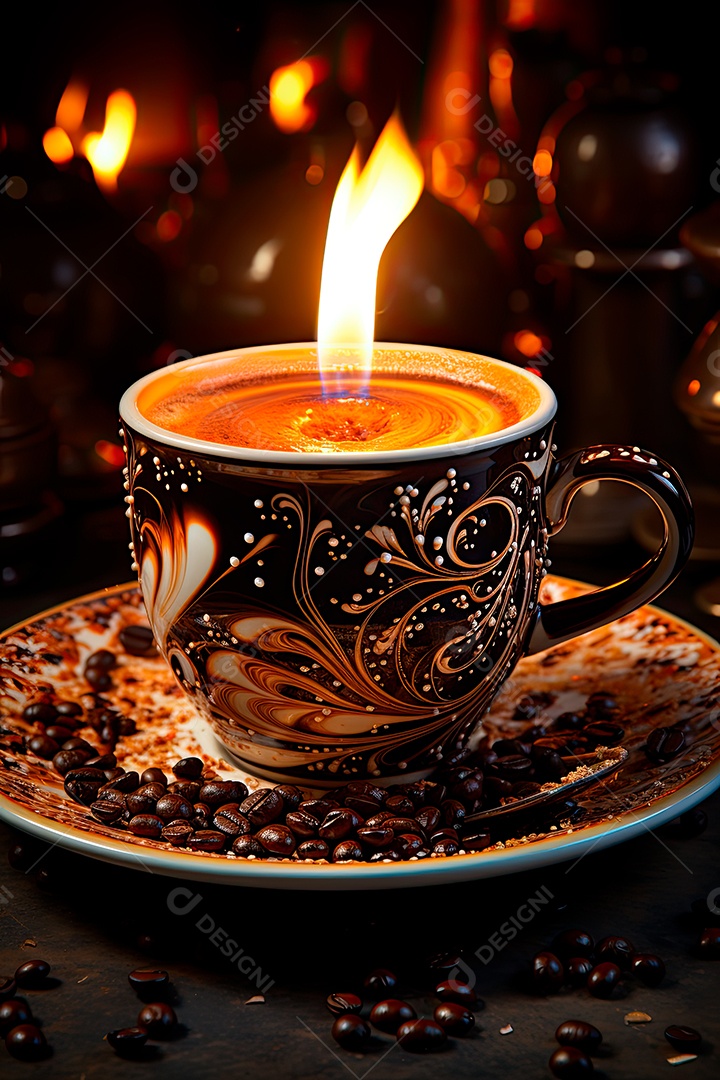 Foto de uma xícara de café, dia internacional do café com grãos de café