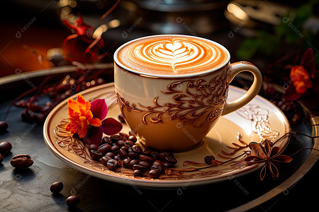 Foto de uma xícara de café, dia internacional do café com grãos de café