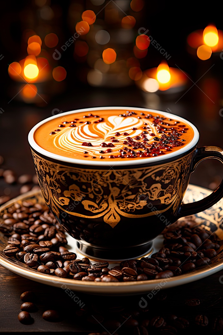 Foto de uma xícara de café, dia internacional do café com grãos de café