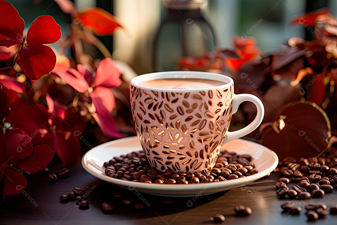 Foto de uma xícara de café, dia internacional do café com grãos de café