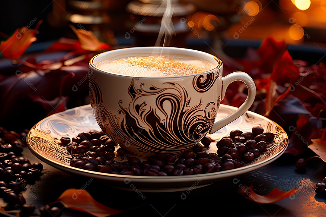 Foto de uma xícara de café, dia internacional do café com grãos de café