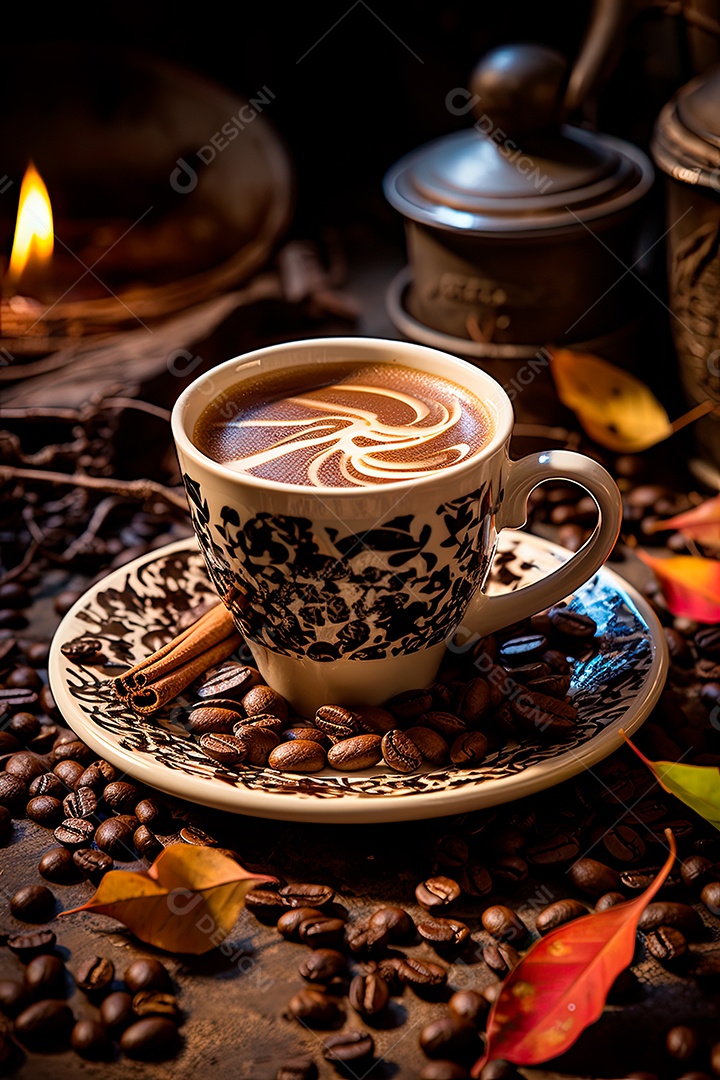 Foto de uma xícara de café, dia internacional do café com grãos de café