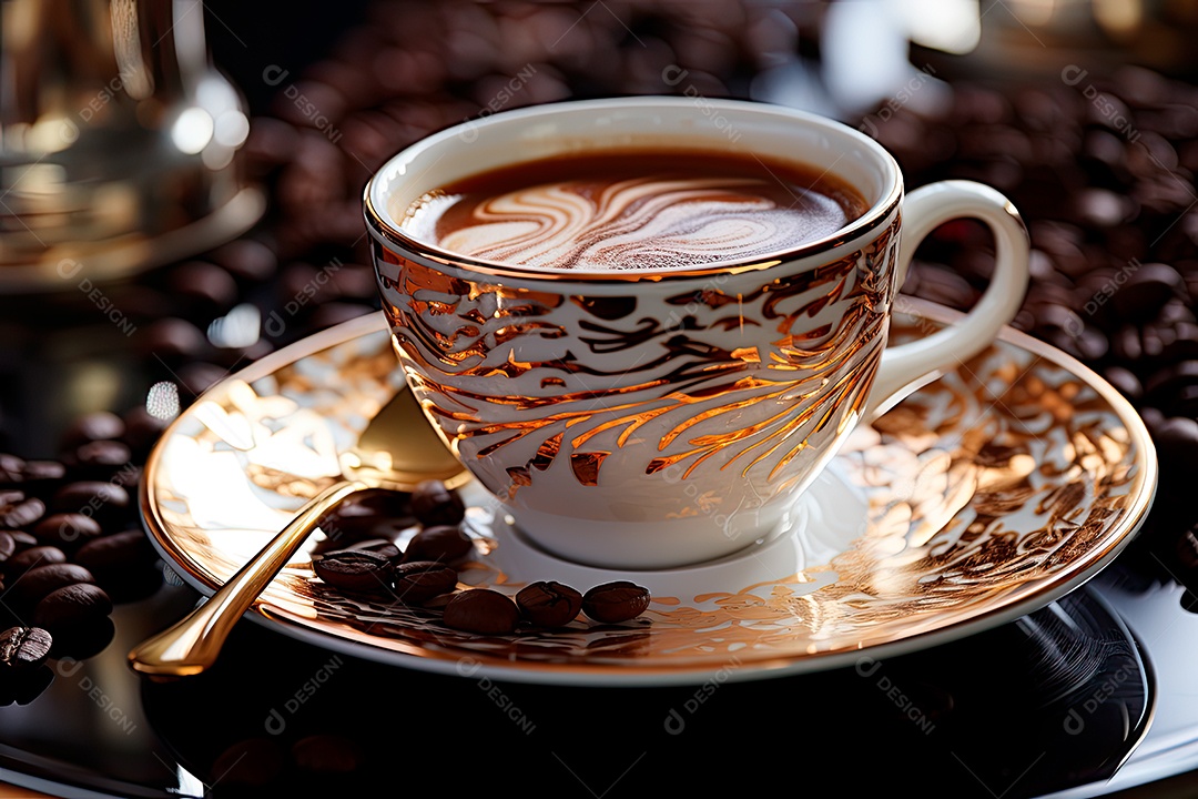 Foto de uma xícara de café, dia internacional do café com grãos de café