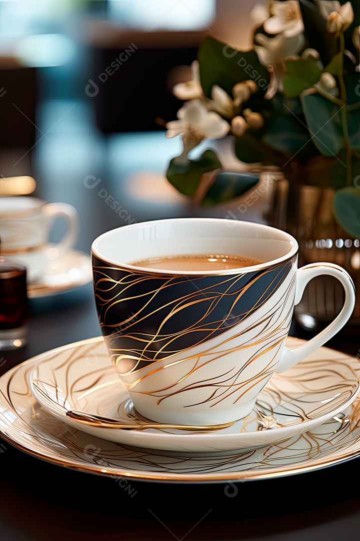 Foto de uma xícara de café, dia internacional do café com grãos de café