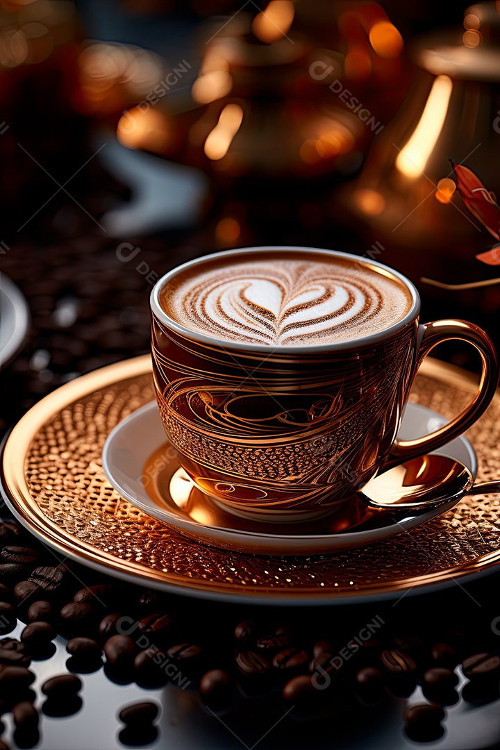 Foto de uma xícara de café, dia internacional do café com grãos de café