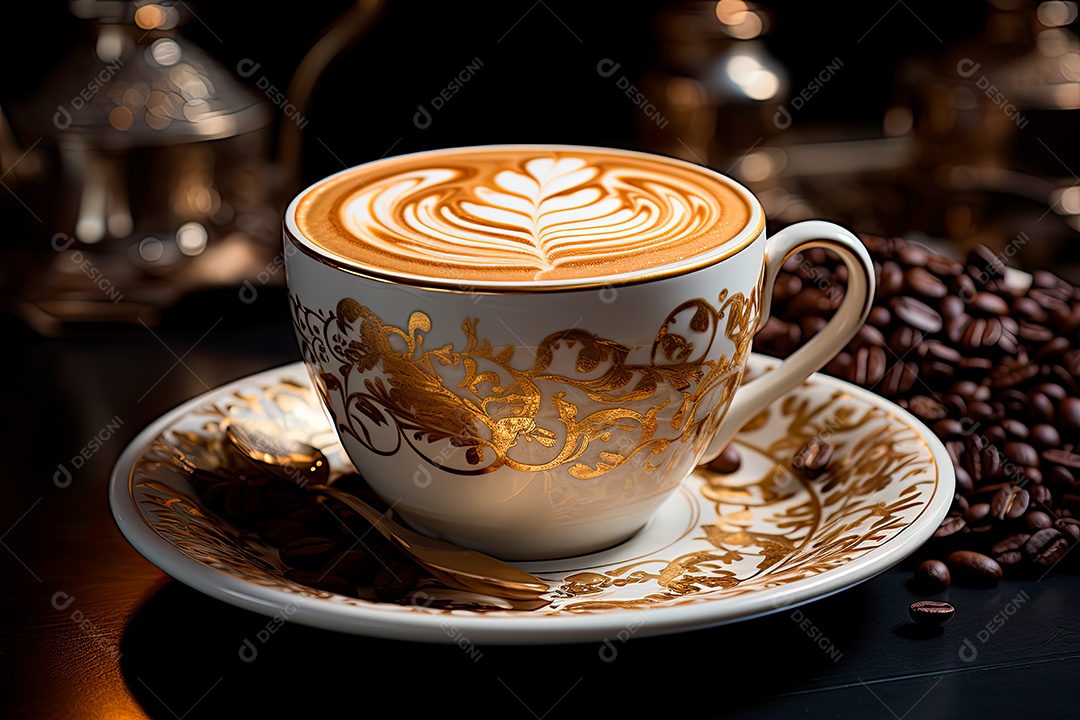 Foto de uma xícara de café, dia internacional do café com grãos de café