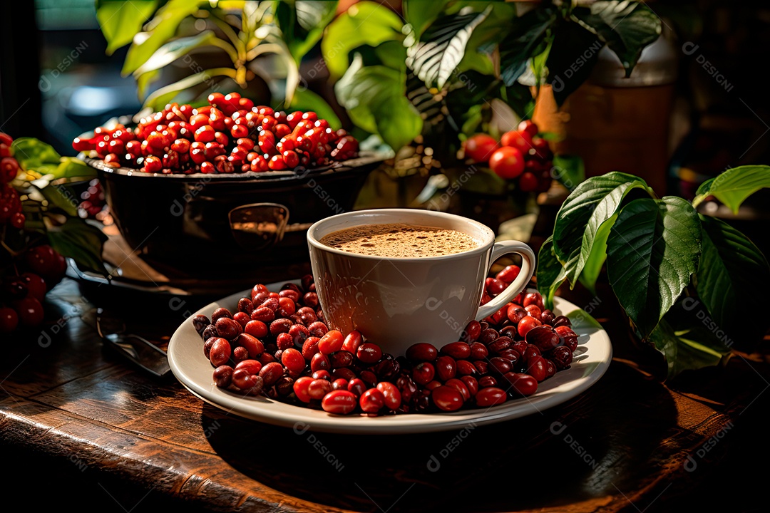 Xícara de café, dia internacional do café com grãos de café