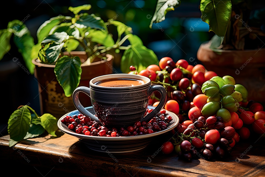 Xícara de café, dia internacional do café com grãos de café