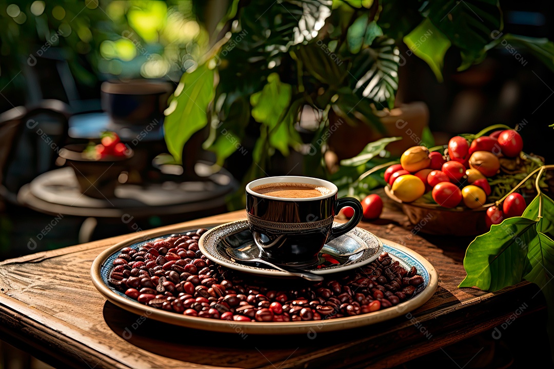 Xícara de café, dia internacional do café com grãos de café