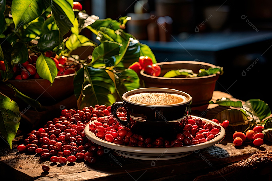 Xícara de café, dia internacional do café com grãos de café