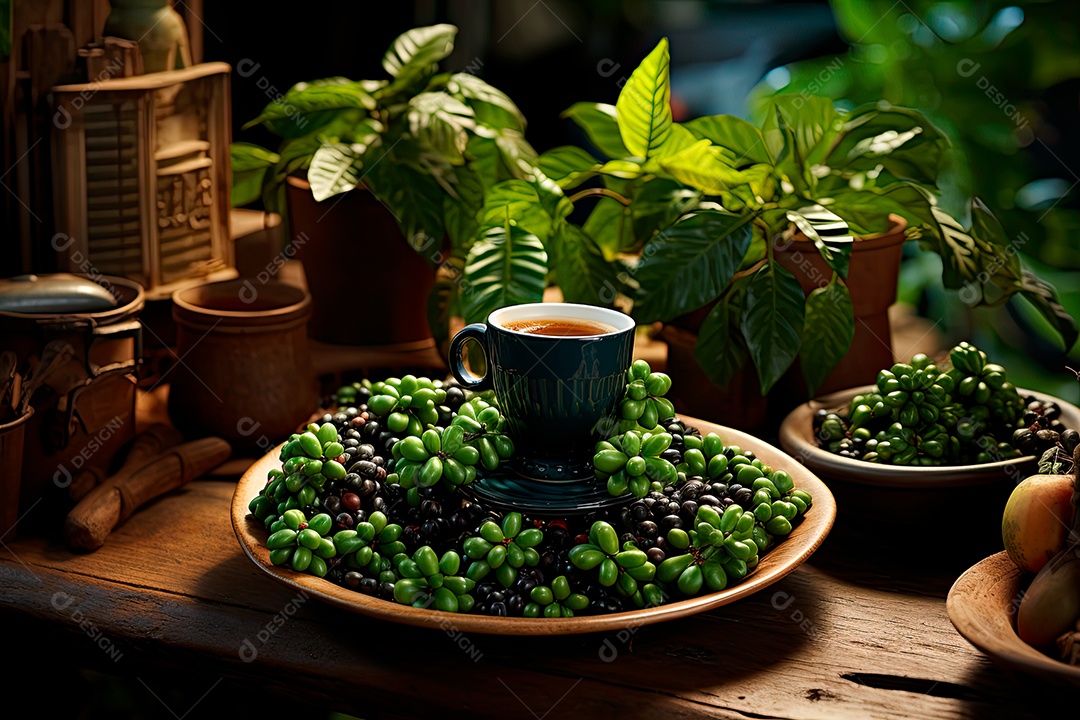 Xícara de café, dia internacional do café com grãos de café