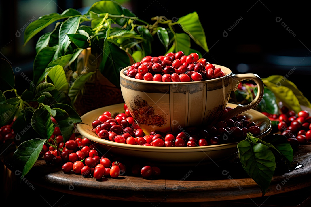 Xícara de café, dia internacional do café com grãos de café