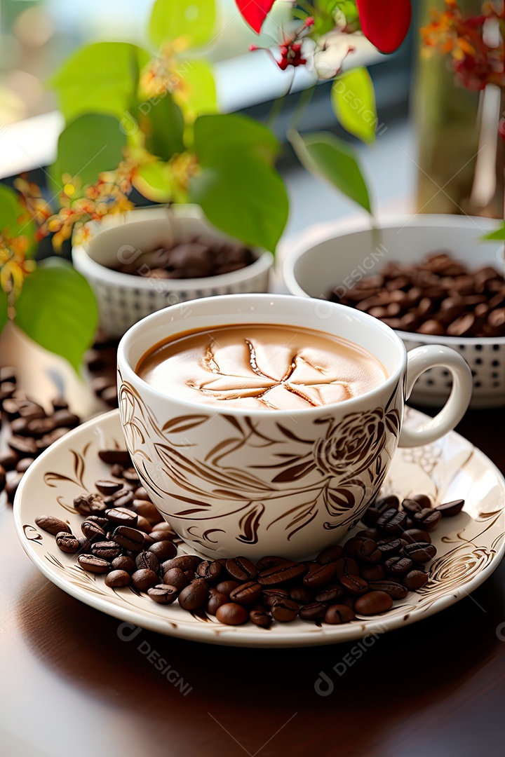 Xícara de café, dia internacional do café com grãos de café