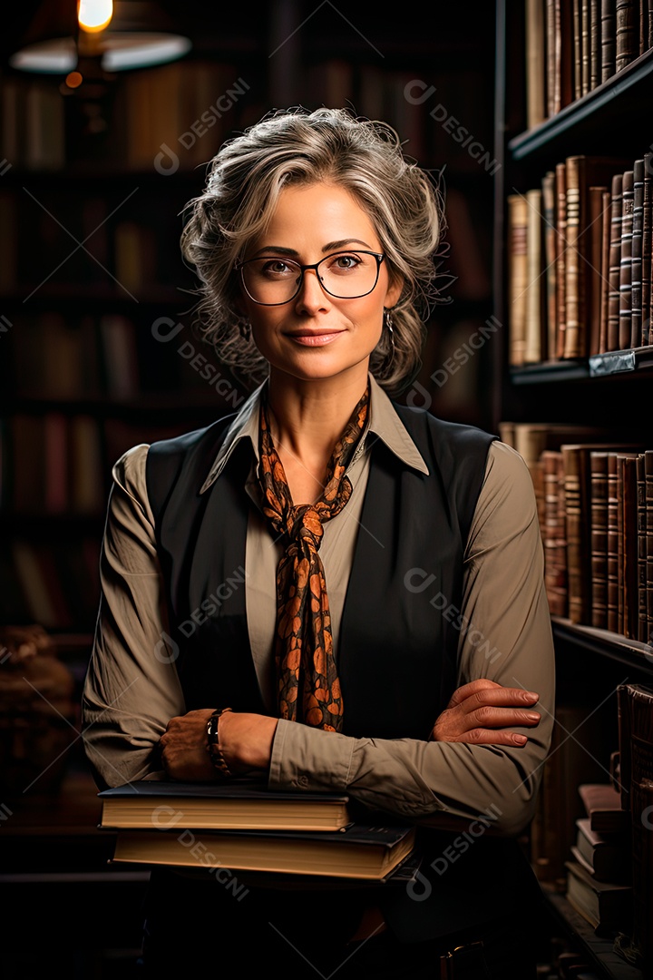 Uma professora cativante com uma pilha de livros nos braços, Sua presença exala elegância e sabedoria