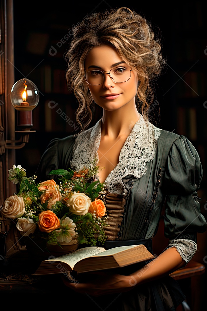 Uma professora cativante com uma pilha de livros nos braços, Sua presença exala elegância e sabedoria