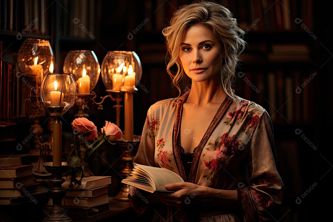 Uma professora cativante com uma pilha de livros nos braços, Sua presença exala elegância e sabedoria