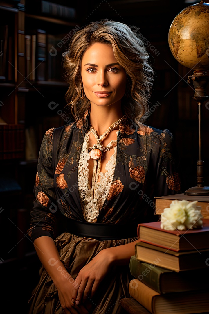 Uma professora cativante com uma pilha de livros nos braços, Sua presença exala elegância e sabedoria